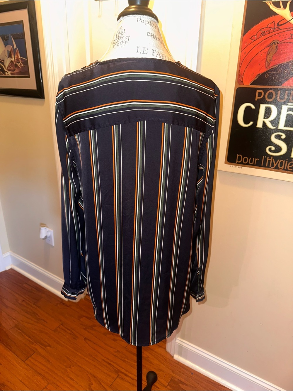 Max Studio long Navy Multi-Stripe V-Neck Long Sleeve Dress - Picture 4 of 8